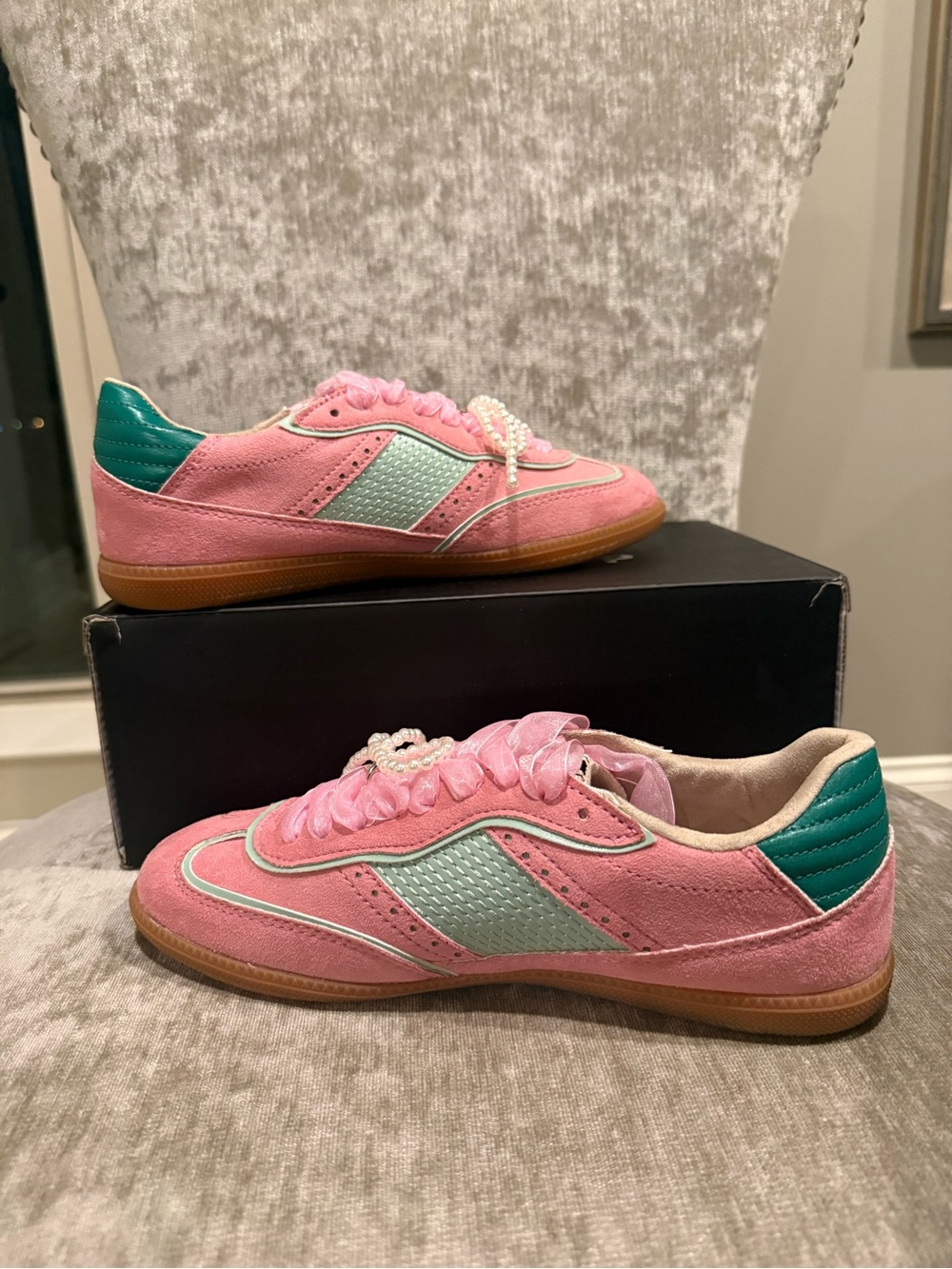 Shu Shop Pink and Teal Women’s Suede Sneakers - Casual Retro Style with charms